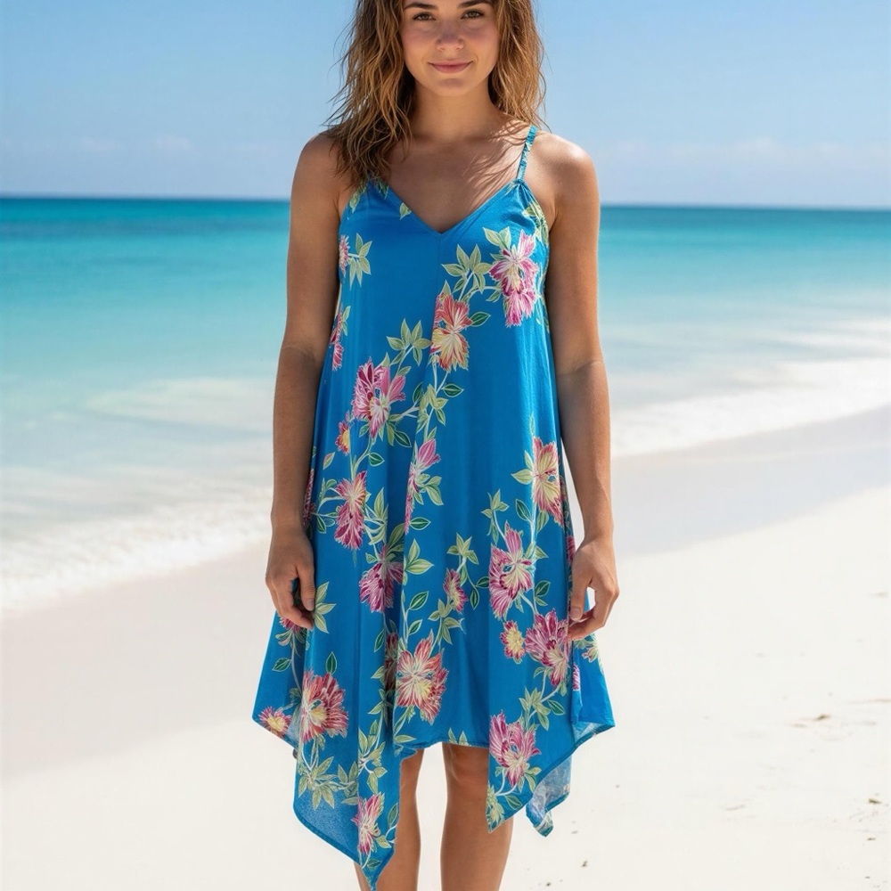 Tommy Bahama Size S/M Blue Coverup Dress Hawaiian Beach Handkerchief  Hem Resort